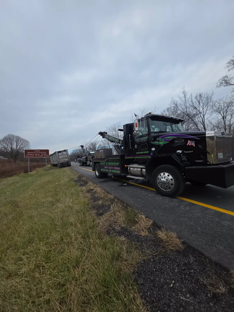 Citywide Big Natalino heavy wrecker at a roll-off truck recovery in the Hudson River Valley, NY